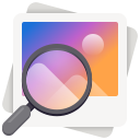 An icon with a magnifying glass over a stack of photos. The top-level photo is the only one that's visible, featuring a minimalistic, white rendition of a mountain and the sun with a purple-orange gradient in the background.