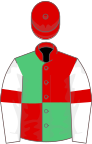 Red and emerald green (quartered), white sleeves, red armlets, red cap