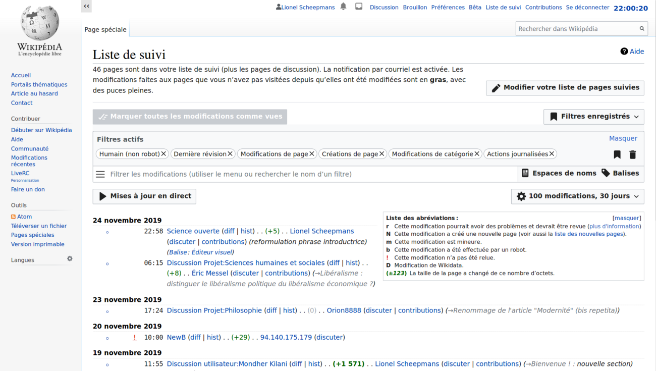 Capture d'écran de la page de suivit utilisateur Wikipédia.