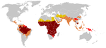Weltkarte mit Landesgrenzen. Hauptverbreitungsgebiete mit dem höchsten Risiko liegen in Subsaharaafrika und dem Amazonasgebiet. Weitere in Süd- und Südostasien sowie Neuguinea.
