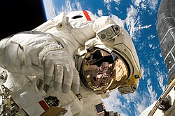 Astronaut Piers Sellers during the third spacewalk of STS-121, a demonstration of orbiter heat shield repair techniques Piers Sellers spacewalk.jpg