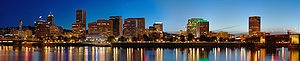 A stitched panorama of downtown Portland, OR a...