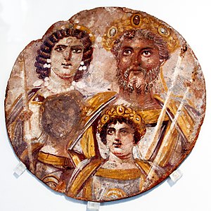 La famille impériale : Julia Domna, Septime Sévère, leurs enfants Caracalla et Geta (effacé après son assassinat). Peinture dite Tondo severiano réalisée en Égypte vers 201, Musée de Berlin.