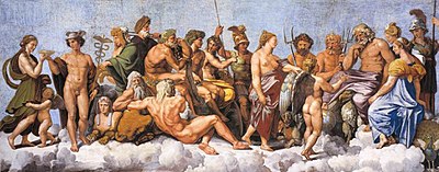 Council of the gods from the Loggia di Psiche, Villa Farnesina, with Pluto holding a bident and Neptune a trident Raffaello, concilio degli dei 02.jpg