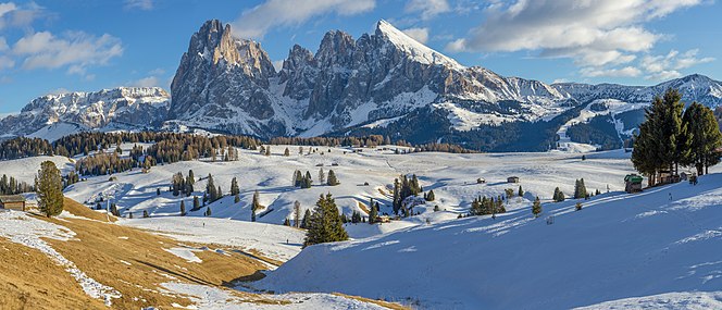 Langkofel Group (Italian: Gruppo del Sassolongo) seen from Seiser Alm during winter.