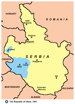 Užice Cumhuriyeti sınırları ve Alman işbirlikçisi Sırbistan Devleti