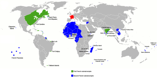 Kart over det franske koloniriket. Lyseblått: det første riket; mørkeblått: det andre riket