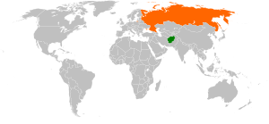 Mapa indicando localização do Afeganistão e da Rússia.