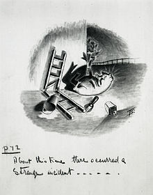Squealer sprawls at the foot of the end wall of the big barn where the Seven Commandments were written (ch. viii) - preliminary artwork for a 1950 strip cartoon by Norman Pett and Donald Freeman Animal Farm artwork.jpg