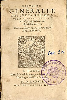 Page de titre du livre Histoire generalle des Indes (1577)