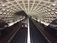 The Ballston-MU station serving the Orange and Silver lines of the Washington Metro. Arlington is home to the first suburban stations on the Washington Metrorail system. Ballston-MU (WMATA station) - 02.jpg