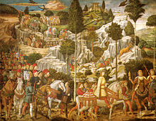 Tableau d'un cortège de noble dans une zone boisée et montagneuse