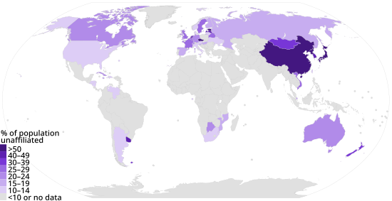 Nonreligious population by country as of 2010 Countries by percentage of Unaffiliated-Pew Research 2010.svg