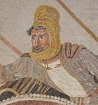 Dareios III i strid mot Alexander den store under slaget vid Issos, detalj ur Alexandermosaiken funnen i Pompeji.
