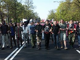 Anarchism has been a vital part of the anti-globalization movement. Here a block marches in Warsaw, 2004. Demonstration 2004 AB.jpg