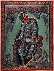 Saint Mark, from the Carolingian Ebbo Gospels. Ebbo Gospels St Mark.jpg