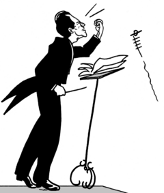 Caricature. Mahler dirigeant un orchestre avec violence et obtenant une note maigre.