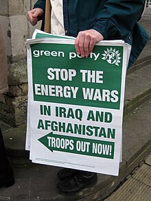 Green Party poster calling for the withdrawal of troops from Iraq and Afghanistan Green party anti-war poster.jpg