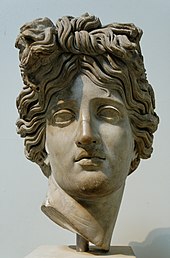 Head of Apollo, modeled on the Apollo Belvedere (Marble, Roman copy of c. 120-140 AD), once in the collection of Vincenzo Giustiniani and James-Alexandre de Pourtales (British Museum) Head Apollo BM Sc1547.jpg