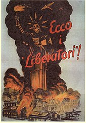 Fascist propaganda poster denouncing Allied bombings of Italian cities ("Here are the 'Liberators'!"). Here are the the liberators-Italian WWII Poster - Statue of Liberty.jpg