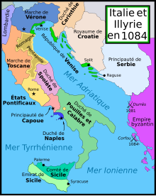 Carte de l'Italie et de l'Illyrie en 1084 avec différentes couleurs suivant les territoires