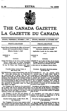 First page of the proclamation of the Letters Patent, 1947, as published in the Canada Gazette Letters Patent 1947 page1.png