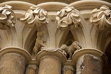 Stonework commemorating the end of fox hunting - a fox can be seen hiding in the foliage. Lincoln Cathedral detail 2013-7.jpg