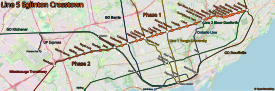 Map of the Eglinton Crosstown and all connections. Map by OpenStreetMap.