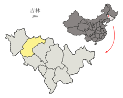 Расположение города Сунъюань (желтый) в провинции Цзилинь (светло-серый)