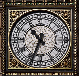 Le cadran de l'horloge de l'Elizabeth Tower (palais de Westminster, à Londres). (définition réelle 2 811 × 2 720)