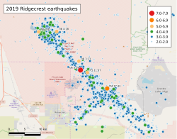 2019年里奇克萊斯特地震序列的震央空間排布圖