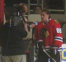 Patrick Kane being interviewed by Comcast SportsNet Chicago Patrick Kane (4492723711) (cropped).jpg