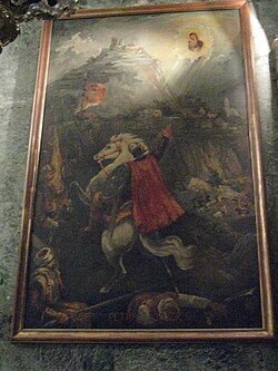 Krusics Péter harcban a törökökkel. 17. századi olajfestmény a fiumei templomban.