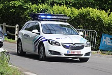 Patrol unit of the Local Police of the Germinalt zone in Wallonia (Belgium) Police au Circuit de Wallonie 2019 a Nalinnes Belgique 15 (cropped).jpg