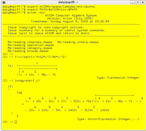 Symbolic integration of the algebraic function f(x) =
.mw-parser-output .sfrac{white-space:nowrap}.mw-parser-output .sfrac.tion,.mw-parser-output .sfrac .tion{display:inline-block;vertical-align:-0.5em;font-size:85%;text-align:center}.mw-parser-output .sfrac .num{display:block;line-height:1em;margin:0.0em 0.1em;border-bottom:1px solid}.mw-parser-output .sfrac .den{display:block;line-height:1em;margin:0.1em 0.1em}.mw-parser-output .sr-only{border:0;clip:rect(0,0,0,0);clip-path:polygon(0px 0px,0px 0px,0px 0px);height:1px;margin:-1px;overflow:hidden;padding:0;position:absolute;width:1px}
x/[?]x + 10x - 96x - 71 using the computer algebra system Axiom RischIntegration.PNG