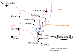 "La route du Che". La ligne pointillée indique le chemin du groupe de guérilleros dirigés par Guevara jusqu'à son exécution. C'est aujourd'hui un circuit touristique et de commémoration.