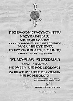 Akt nadania Medalu Niepodległości dla Władysława Strzębalskiego w 1932 roku