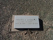 Grave site of Thanks A. Anderson. Anderson was the vice-president of the Tempe National Bank and served two terms as Mayor of Tempe. The first term was from 1930 to 1932 and the second term from 1934 to 1937. Anderson is buried in sec. 7–9.