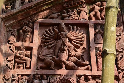 A terracotta relief depicting Mahishasuramardini on a temple at Mangloi Shyamballabhpur