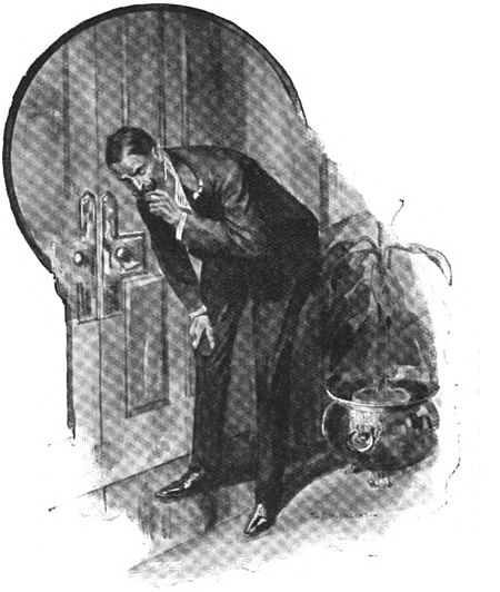 Illustration of a gentleman stooping outside a pair of closed interior doors