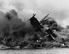 Attack on Pearl Harbor, December 1941 The USS Arizona (BB-39) burning after the Japanese attack on Pearl Harbor - NARA 195617 - Edit.jpg