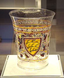 The Aldrevandini Beaker, enamelled glass from Venice, a Roman technique probably learned from Islamic glass. c. 1330. Venitian glass circa 1330 with enamel decoration derived from Islamic technique and style.jpg