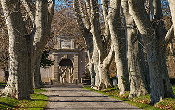 Estrada ladeada por plátanos de sombra (Platanus × hispanica), que conduz ao portão de entrada da antiga indústria têxtil de linho de Villeneuvette (1667). Villeneuvette, Hérault, França. (definição 4 880 × 3 050)