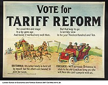 A Tariff Reform poster from 1910, encouraging Protectionism over the Free Trade of the Victorian Era Vote for Tariff Reform (3268711325).jpg