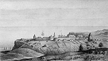 The Russian fur traders from Alaska established their largest settlement in California, Fort Ross, in 1812 Vue de l'etablissement russe de la Bodega, a la Cote de la Nouvelle Albion, en 1828 (restored).jpg