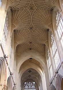 Fan vaulting over the nave at Bath Abbey, England: made from local Bath stone, this is a Victorian restoration (in the 1860s) of the original roof of 1608 Bath.abbey.fan.vault.arp.jpg