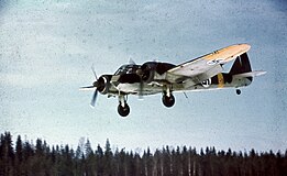 A landing Bristol Blenheim bomber-aircraft belonging to the Finnish Air Force in March, 1944. Blenheim-luonetjarvi.jpg