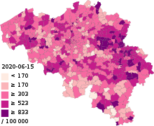 Vypuknutí epidemie COVID-19 v Belgii na obyvatele map.svg
