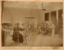 Inside the Central Ontario School of Art and Industrial Design in the late-19th century. William Cruikshank, an instructor at the school, is pictured in the background. Central Ontario School of Art interior, William Cruikshank instructor (I0010334).tif