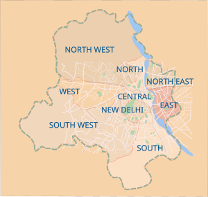 Map showing the nine districts of Delhi